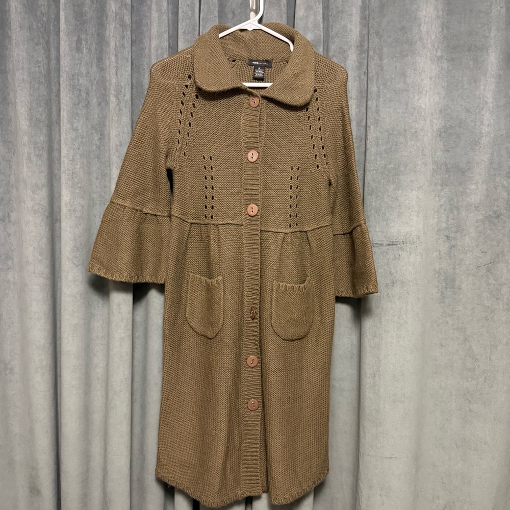 BCBG MAXAZRIA Women’s Boho Long Cardigan Green Bell Sleeve Medium Pockets indie